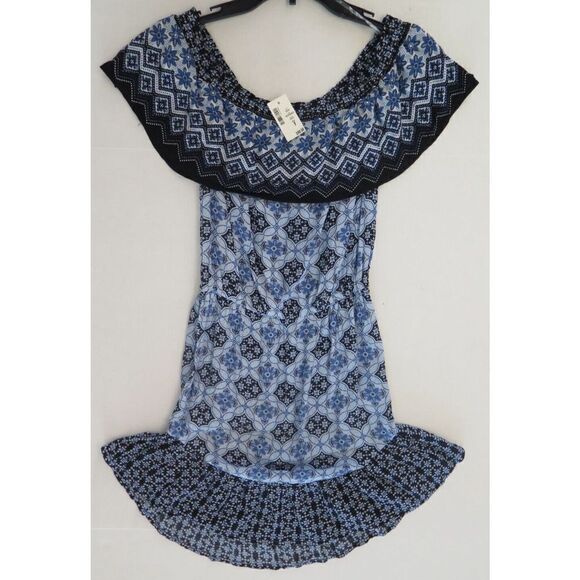 Aèropostale 4975 452 Womens Sz L Blue/Black Floral Ruffle Off-The-Shoulder Dress - Picture 1 of 4